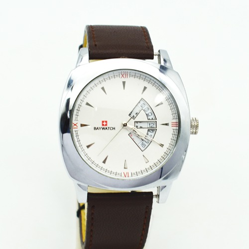 White Dial Brown Leather Strap Day and Date Collection Watches for Men