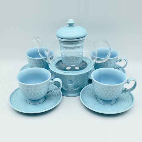 Ceramic Tea Set | Blue | Cup & Saucer Set of 5 Piece, for 4 People