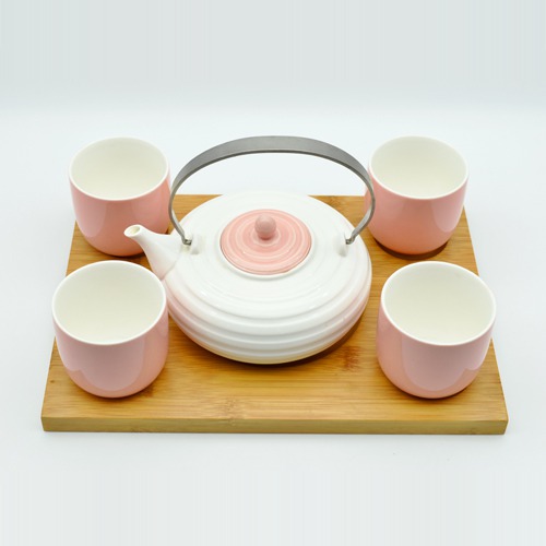 Ceramic Tea Set  | Pink| Tea and Coffee Cup and Saucer with Kettle, Set of 5 Pieces