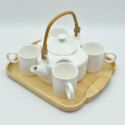 Ceramic Tea Set  | White Tea Set with 4 Cups & Saucer, Tea Kettle Pot