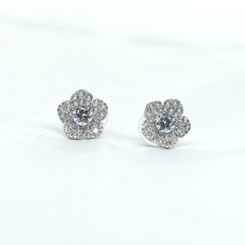 Silver-Floral Cubic Studded Handcrafted Studs | Silver Colour Earrings | Earrings