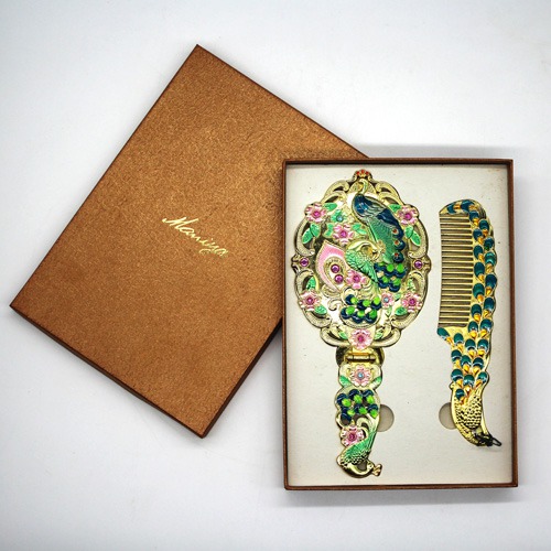 Beautiful Green Peacock Design Handicraft Metal Hand Mirror and Comb for Girls And Women's | Antique Work Beautiful Comb and Mirror Set for Women and Girls