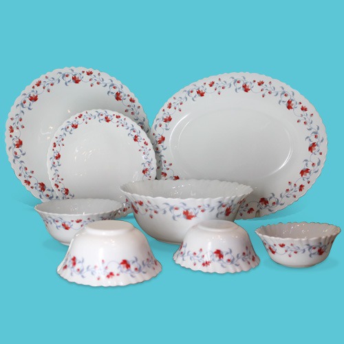 Round Dinner Set of -27 Piece |Silk Series Opalware Dinner Set, White with Flower Design