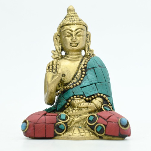 Buddha Statue Blessing Brass with Multicolor Stone Handwork Home Decor Entrance Office Table Living Room Meditation Luck Gift Feng Shui 3 Inch Idol