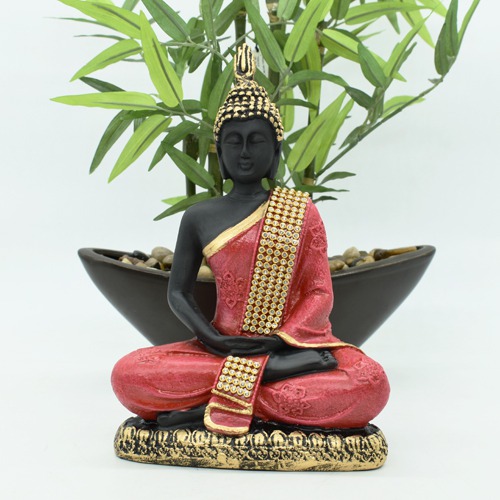 Black Shine Gautama Buddha Idol Statue Murti Draped in Stone Embellished Red Shawl for Home Decoration Medicine Buddha Height 8 Inch