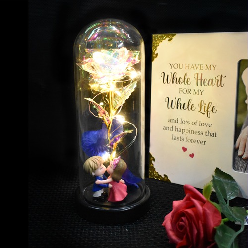 Beauty and the beast eternal enchanted rose flower in a glass jar with golden LED lightings for your loved one this Valentines Day