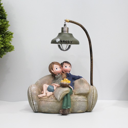 Cute Romantic Valentine Couple Sitting On Sofa Statue Showpiece With Lights