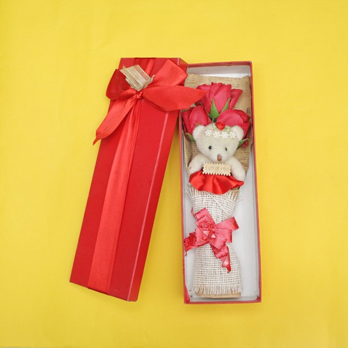 Cute Teddy Bear And Red Rose Bouquet