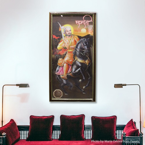 Shivaji Maharaj Print Paper Wall Poster With Brown Border Frame