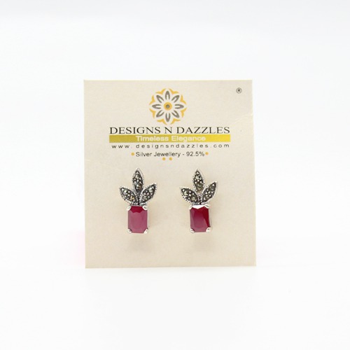 Tri-Leaf Studs Silver Ruby Earrings | Earrings | Gift For Earrings