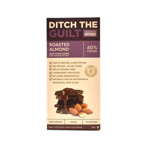 ﻿Roasted Almond Vegan Dark Chocolate - Zero Sugar Added - Stevia Sweetened - High Protein