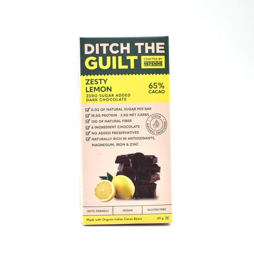 Lemon Zest Vegan Dark Chocolate - Zero Sugar Added - Stevia Sweetened- High Protein