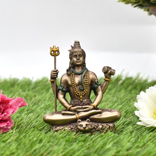 Lord Shiva Idol Wearing Rudraksha Mala Sitting On Tiger With Trishul And Damru