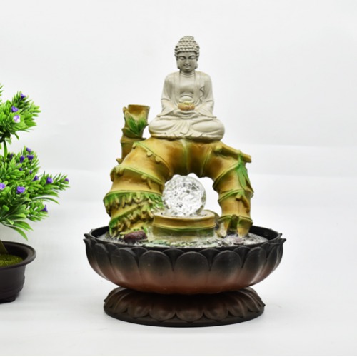 Water Fountain Buddha Statue waterfall Ornaments With Colourful Lights Crystal Ball For Home And Office Decor