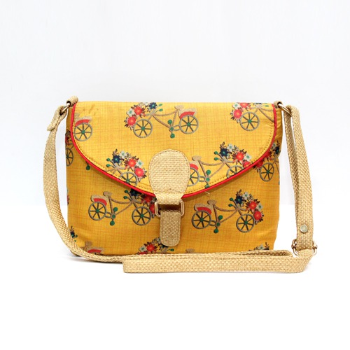 Yellow Colour Cycle Print Sling Bag | Leather Handmade Women's Handbags Sling Strap