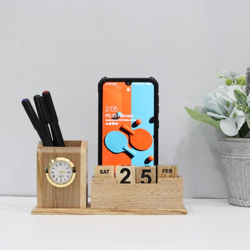 Wooden Pen Stan with clock| Desk organiser with Month, Date Calendar |  Desk Pencil Holder Stand Pen Display Stationery Organiser