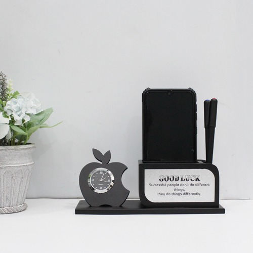 Wooden Pen Stand with Mobile, Card Holder Apple Shaped Wood Inserted Watch