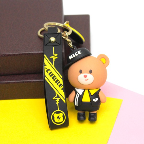 Brown Teddy Bear with Yellow Tie keychain With Lanyard |  3D Rubber Silicone Keychain for Car & Bike Gifting with Key Ring Anti-Rust