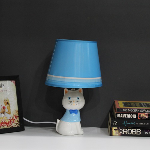 Blue Fabric Shade With Cute Cat Table Lamp For Home Decor, Desktop