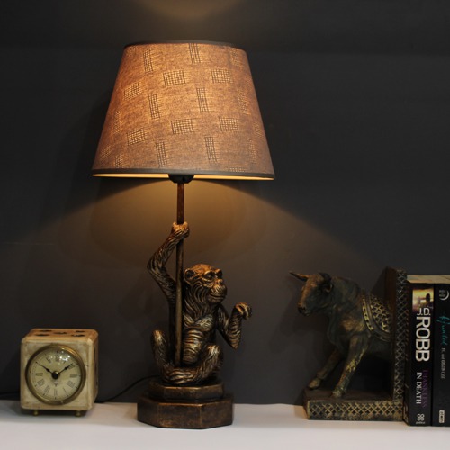 The Light  Brown  Fabric Shade With Metallic Finish Monkey Base Table Lamp, For Home, Office Decoration