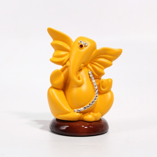 Decorative Yellow Diamond Studs Ganesha Idol For Car Dashboard