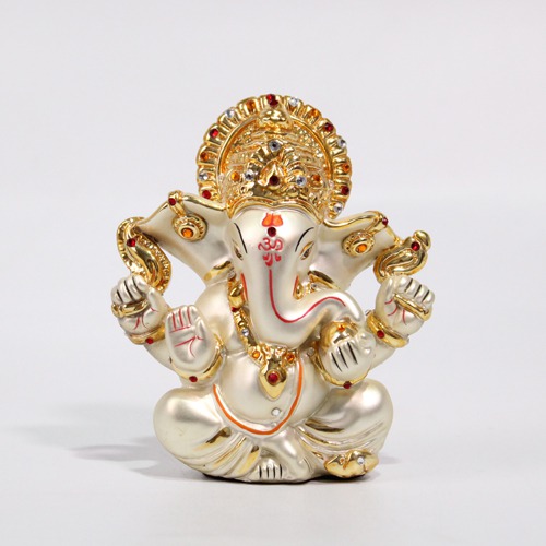 White and Gold Car Dashboard Ganesha Idol