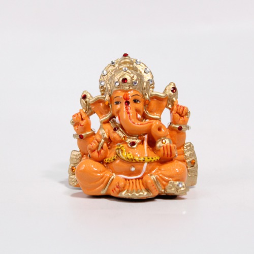 Orange Color Mukut Ganesh Idol For Car  Dashboard and Home ,Office