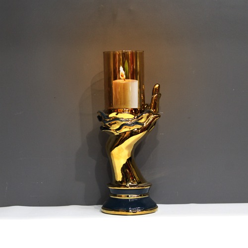 Hand Shaped Candlestick Golden Candle Holder | Gold Glass Candle Stand For Home Decoration