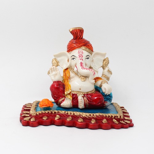 Orange Feta Lord  Ganesh Sitting on Aasan Idol For Home Decor