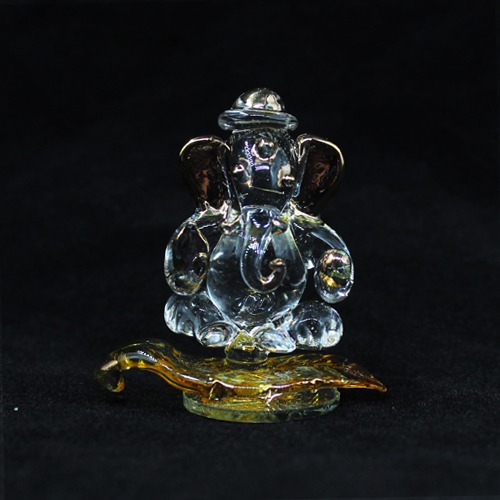 Glass Sitting Leaf Ganesha With Golden Polish Designer car Dashboard