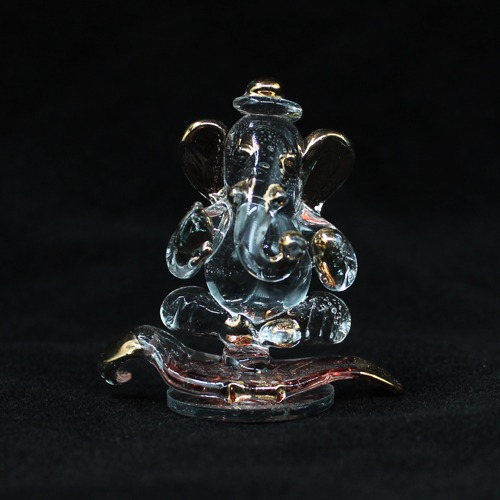 Crystal Glass Ganesha Sitting In Leaf For Car Dashbaord