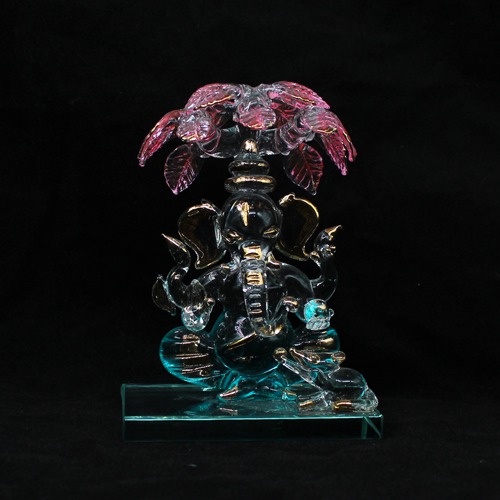 Blue Crystal Glass Surya Umbrella Ganesha Glass Idol For Home Decor