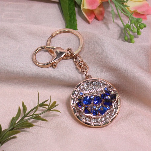 Blue Stone Studded Rose Gold Metal Keychain | Premium Stainless Steel Keychain With Diamond For Gifting With Key Ring Anti-Rust