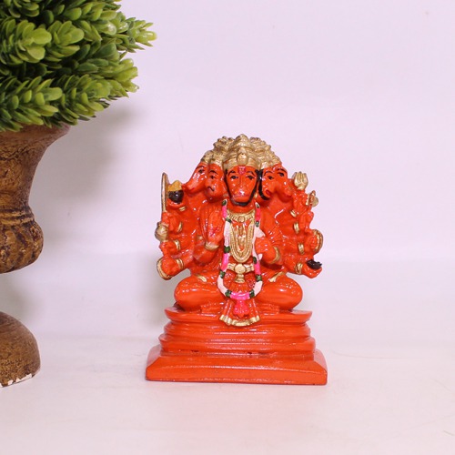 Orange Panchamukhi Hanuman Idol Hanuman Bajrangbali Statue Murti Idol for Home Office Decor Gift Puja Ghar