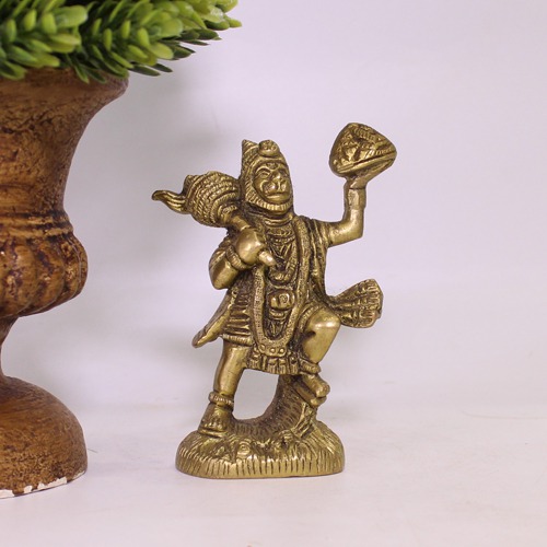 Lord Hanuman Holding Sumeru Parvat Brass Idol For Pooja Ghar, Home Decor