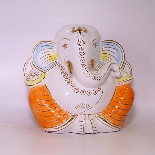 Ceramic White Orange Taklu Lord  Ganesha Idol For Home & Office Dcor