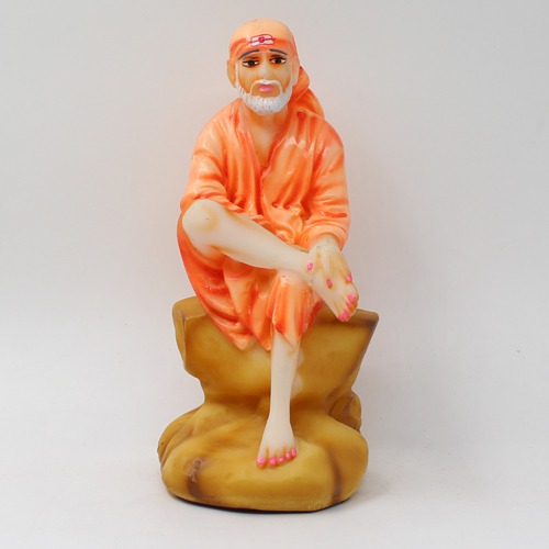 Sai Baba Sitting On Stone Statue Fiber Statue, Orange Sai baba, Medium Size 6 Inch