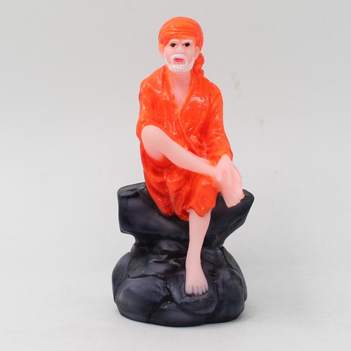 Small Orange Sai Baba Sitting On Stone Fiber Sai Baba, Orange Colour, Fiber Idol, Medium Size 3.5