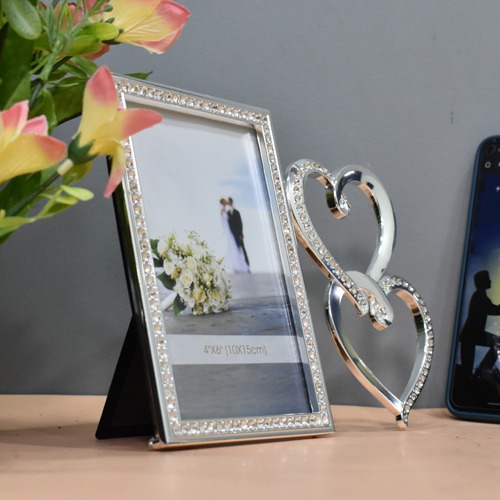 Silver 2 Heart Romantic Heart Table Top  Photo Frame( Photo Size : 6 x 4 inches)