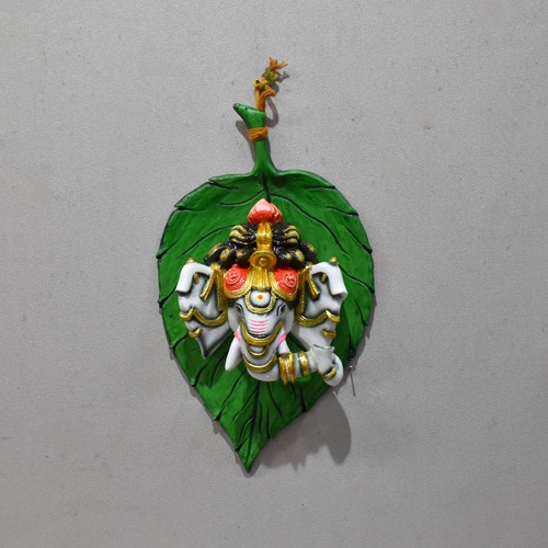 Decorative Ganesha Face On Green Leaf Wall Hanging