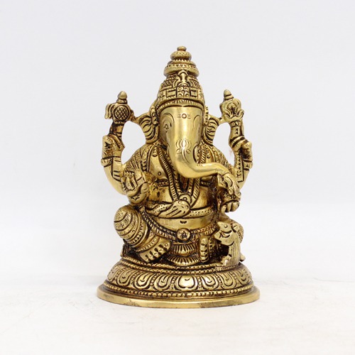 Brass Ganesha Sitting on Goal Base For Home & Office Decor