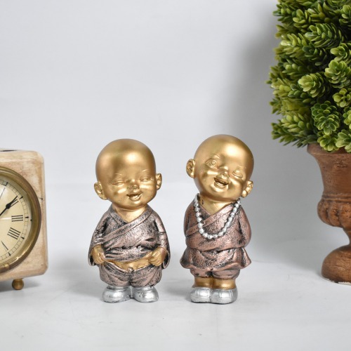 Gold Copper Monk Set Of 2 | Buddha showpieces|Showpiece For Bedroom, Gifts And Living Room|Statues