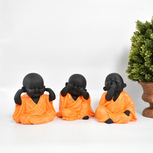 Gandhi Monk Set Of 3 Statue | Miniature Buddha Monk Statue Figurines Showpiece For Home, Office Decoration