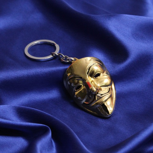 Anonymous Hacker V for Vendetta Inspired Face Mask Premium Metal Keychain In Golden Color