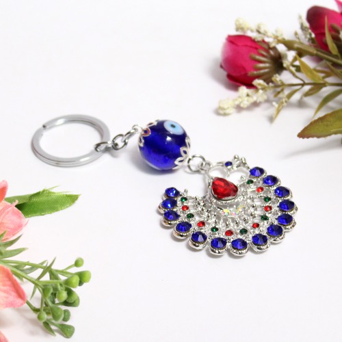 Evil Eye Key with Peacock Studded Keychain