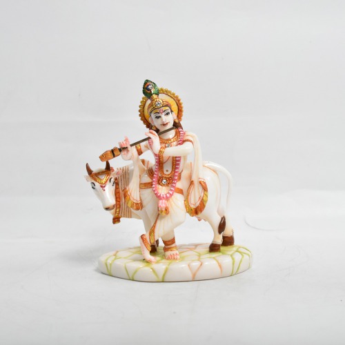 Small Murti Cow With Krishna Statue | Krishna Murti Multi colour-Idol for Temple Decor |Decor Your Home