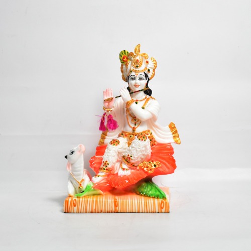 Krishna Sitting On Hibiscus With Cow Statue | Multi colour-Idol for Temple Decor |Decor Your Home