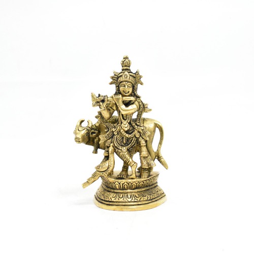 Brass Krishna Statue With Cow And Peacock Statue | Decor Your Home | Office And Gift Your Relatives | Showpiece