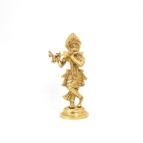 Brass Krishna Bhagwan Murti Idol in Flute Playing Posture on Beautiful Pedestal Home Decor Entrance Statue