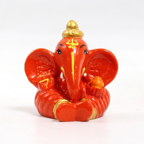 Lord Ganesha Glossy Finish Idol for Car Dash Board Statue Ganpati Figurine God of Luck- Small Red And Orange